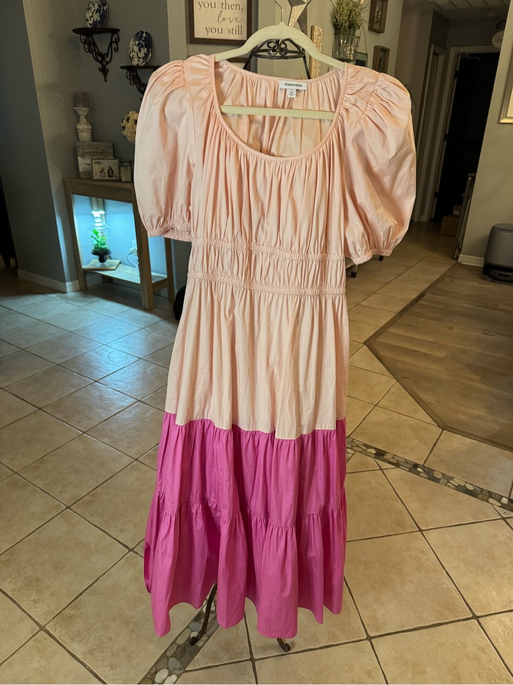Nordstrom Colorblock Maxi Dress XL Puff Sleeve Smocked Waist Tiered Cottage NWOT
